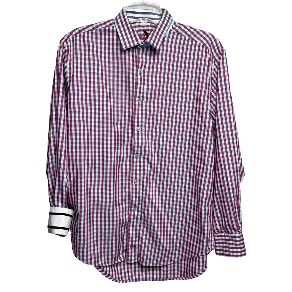 Robert Graham Shirt Mens Large Red Blue Gingham‎ Collar Flip Cuff Career Casual